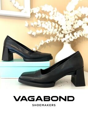 Vagabond Shoemakers Edwina Square Toe Black Leather Block Heeled Pump Size 8